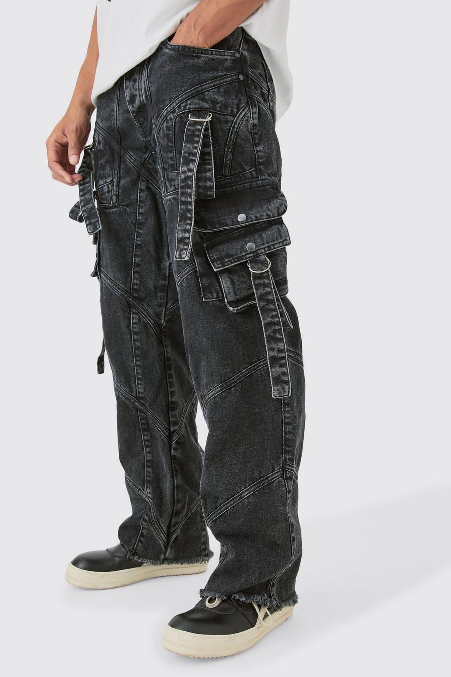 Baggy Rigid Strap And Buckle Detail Jean In Washed Black