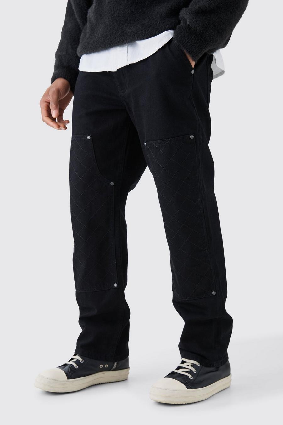 Jeans rilassati in denim rigido nero con cuciture e dettagli stile Carpenter, True black