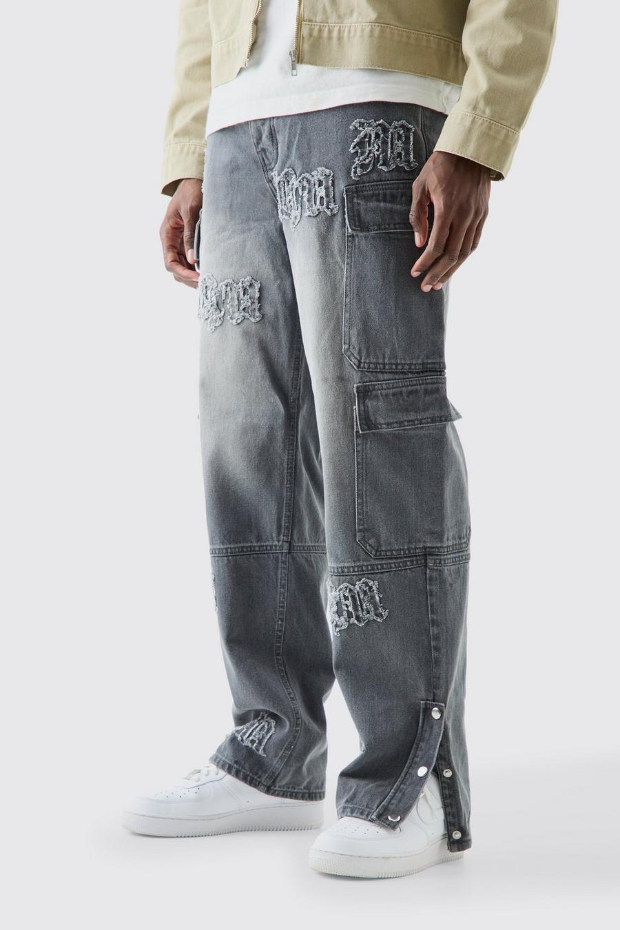 Jeans extra comodi grigi in denim rigido con applique BM e tasche Cargo, Grey