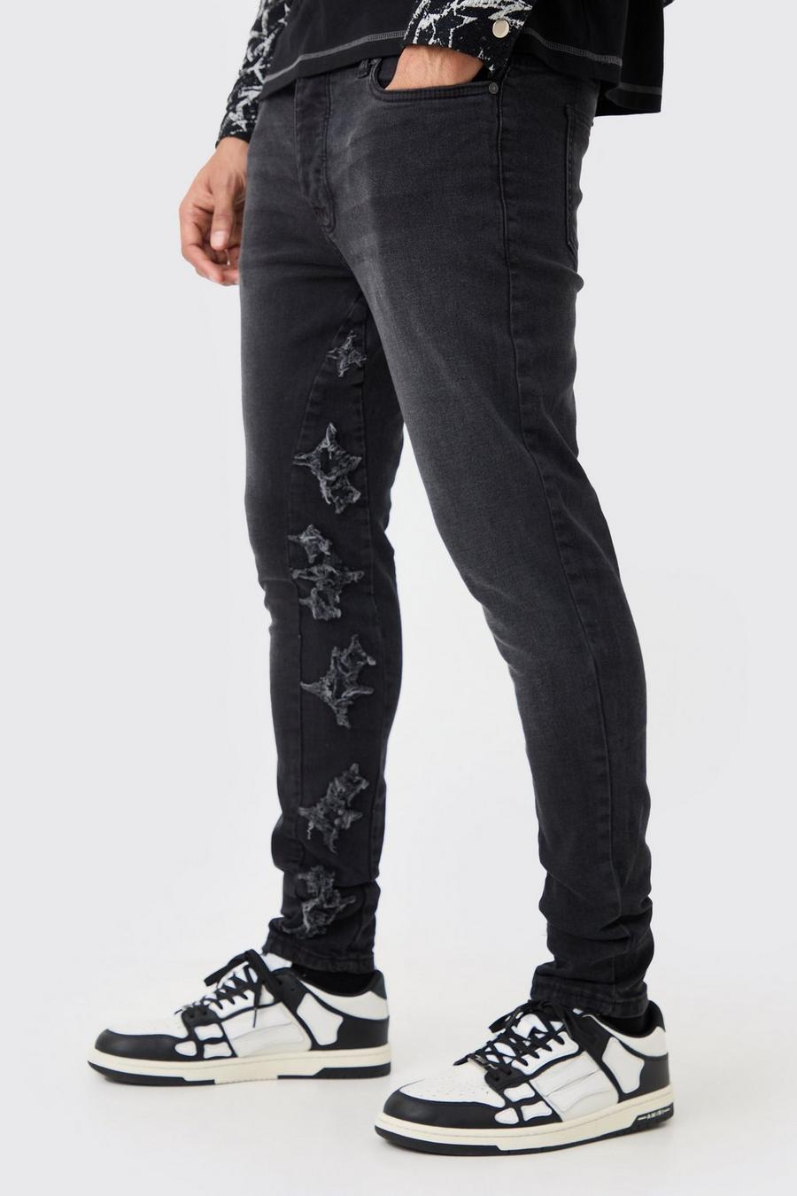 Jeans Skinny Fit Stretch in nero slavato con applique e inserti, Washed black image number 1