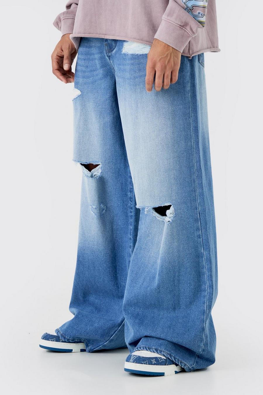 Light blue Extreme Baggy Frayed Self Fabric Applique Jeans