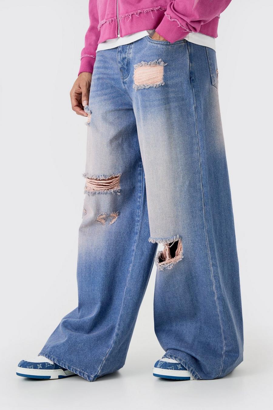 Pink Extreme Baggy Overdyed Frayed Self Fabric Applique Jeans  image number 1