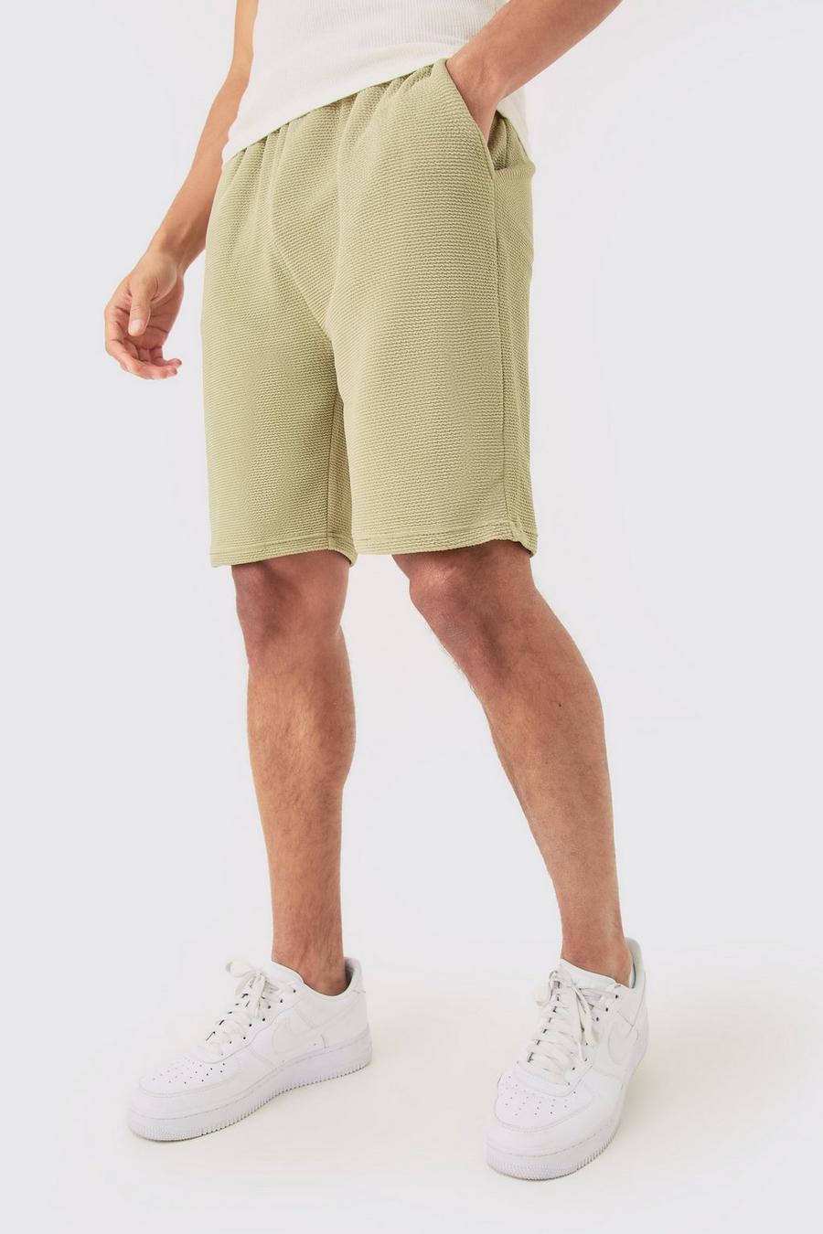Olive Loose Fit Mid Length Textured Shorts