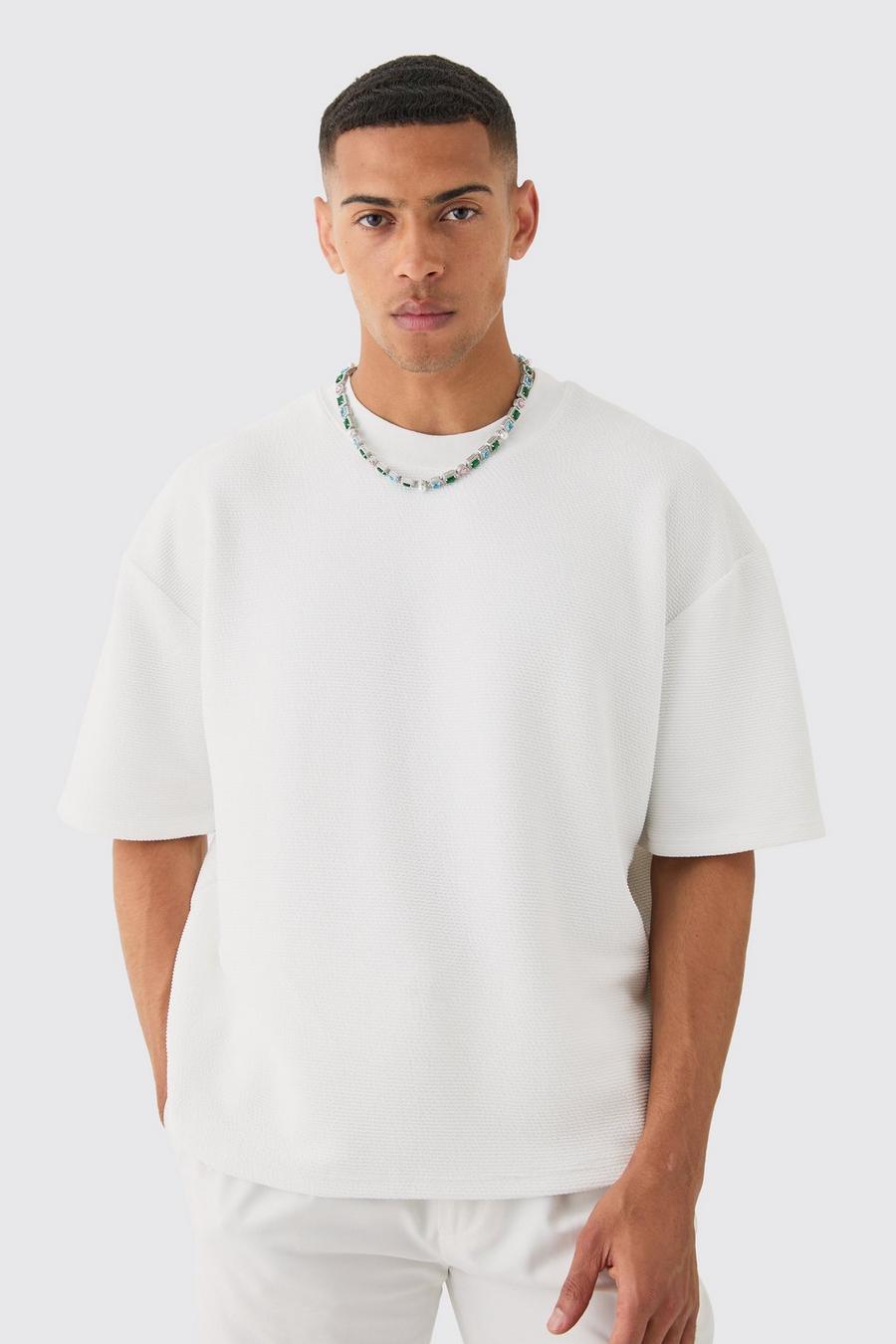 White Oversized Boxy Extended Neck Textured T-shirt