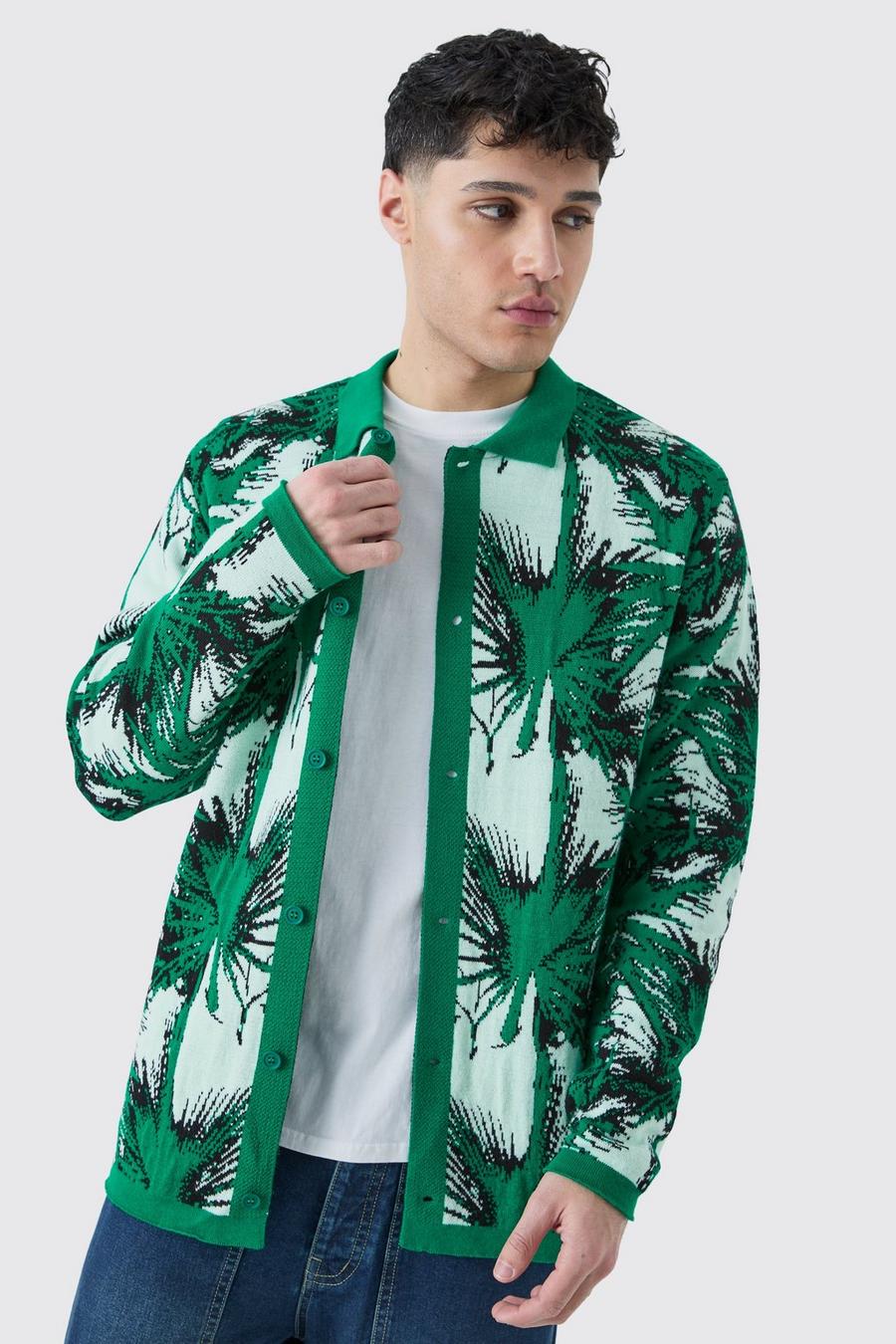 Camicia a maniche lunghe in maglia verde acqua con motivi di palme, Teal image number 1