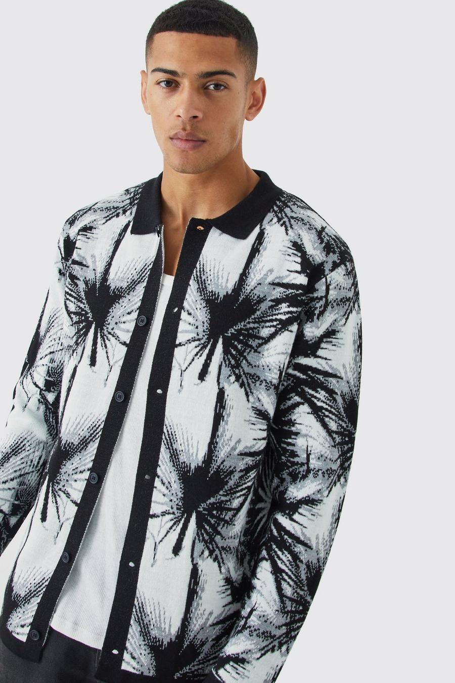 Black Zwart Gebreid Overhemd Met Lange Mouwen En Palm Print