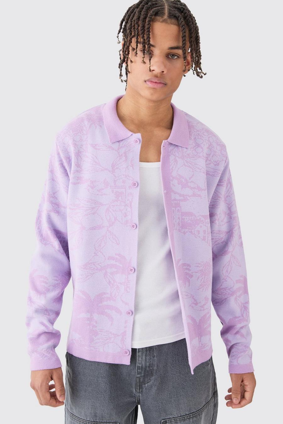 Camicia a maniche lunghe in maglia lilla con motivi di palme, Lilac