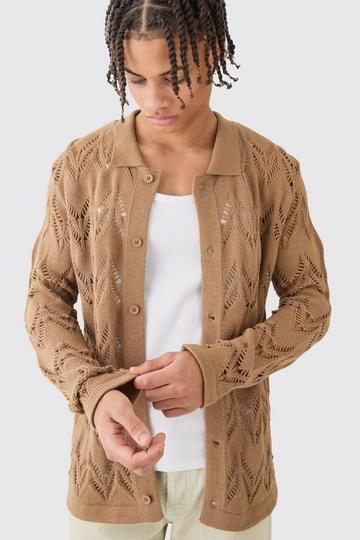 Long Sleeve Open Knit Shirt In Tan tan