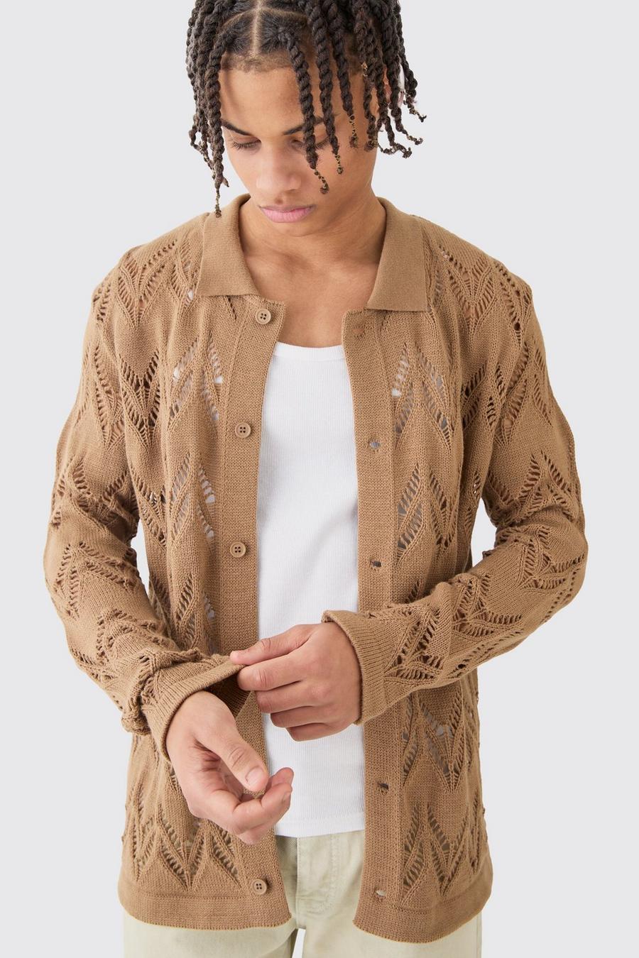 Long Sleeve Open Knit Shirt In Tan image number 1