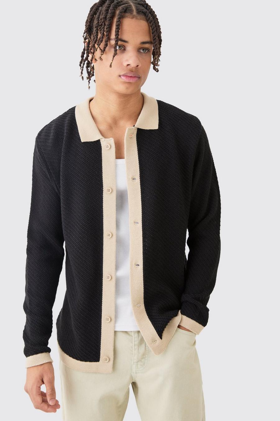 Black Långärmad stickad skjorta med krage i kontrastfärg