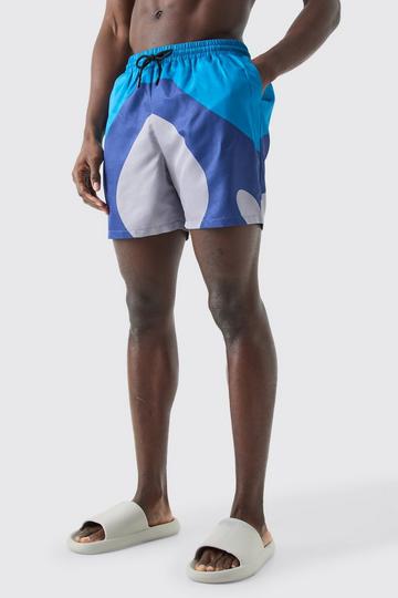 Blue Mid Length Colour Block Retro Swim Short