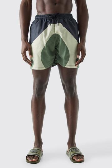 Khaki Mid Length Color Block Retro Swim Short