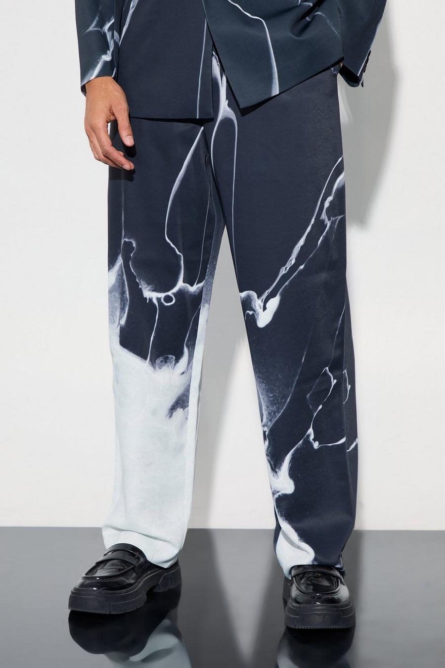 Grey Relaxed Fit Marble Print Dress Pants