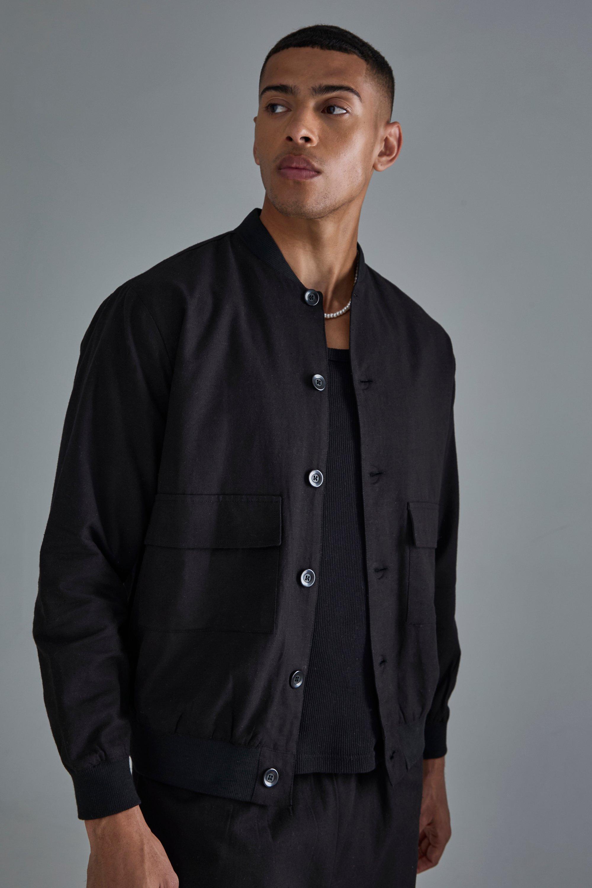 Black Linen Mix Smart Oversized Cargo Bomber Jacket