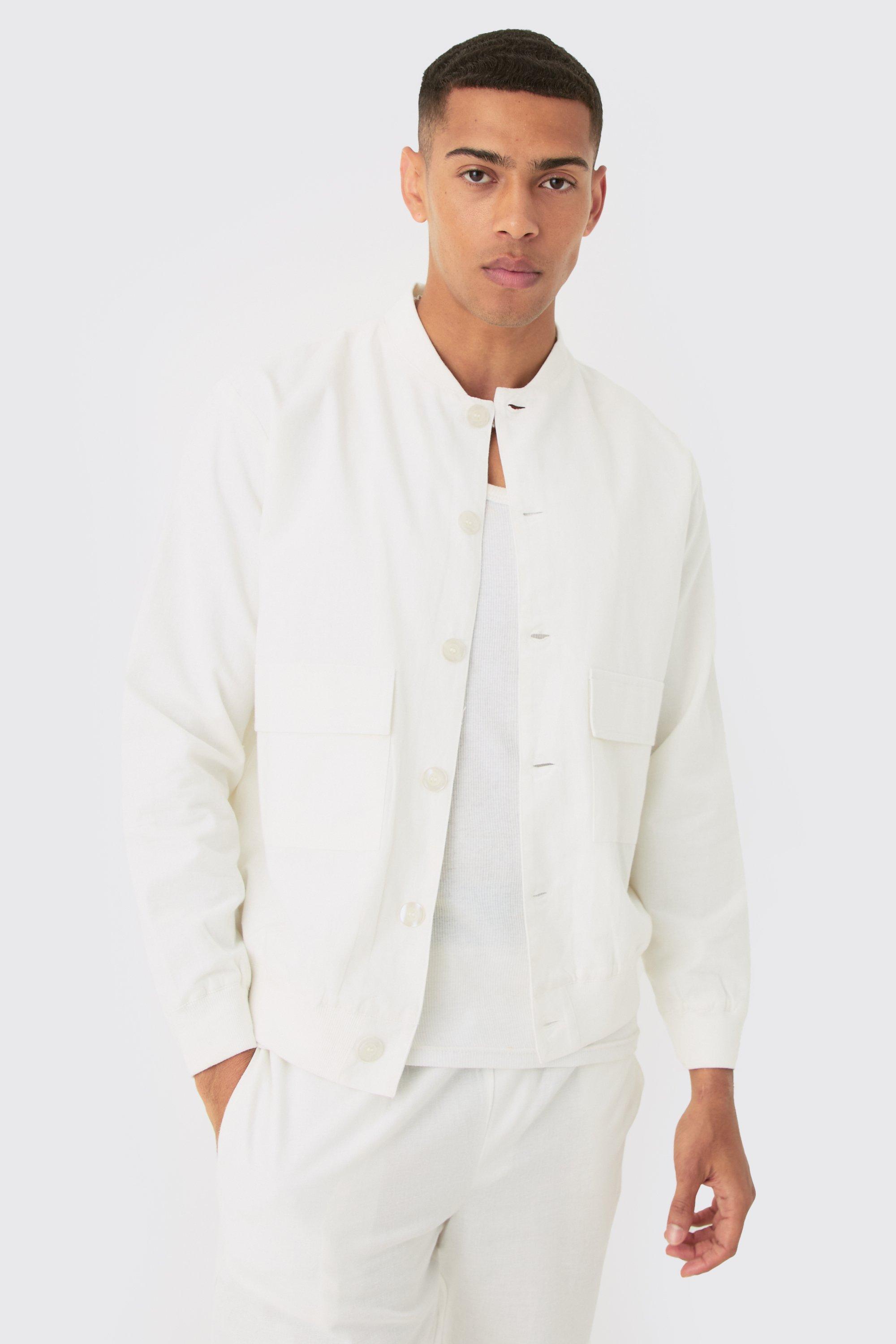 Natural Linen Mix Smart Oversized Cargo Bomber Jacket