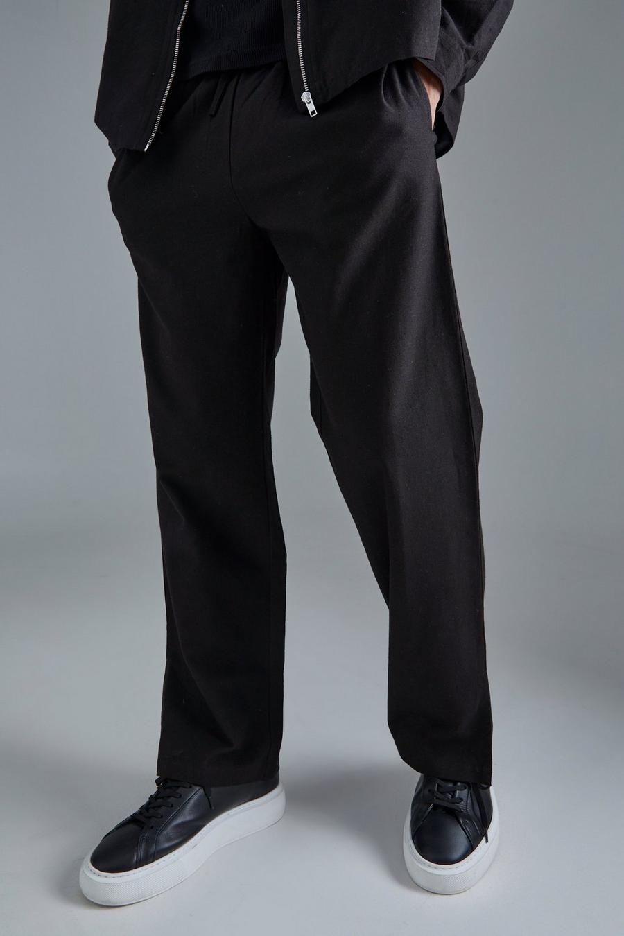 Black Linen Mix Smart Split Hem Straight Trousers