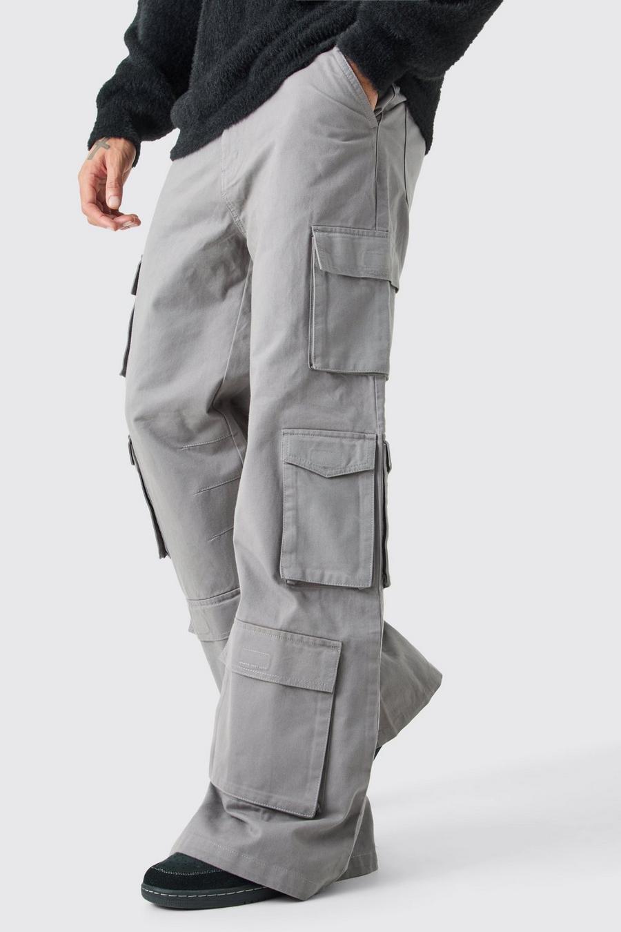 Grey Extreme Baggy Rigid Multi Cargo Pocket Pants