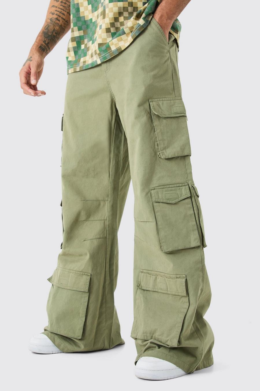 Khaki Extreme Baggy Rigid Multi Cargo Pocket Trousers image number 1