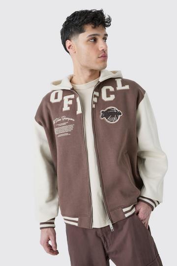 Oversized Varsity Applique Jersey Knit Hooded Jacket brown