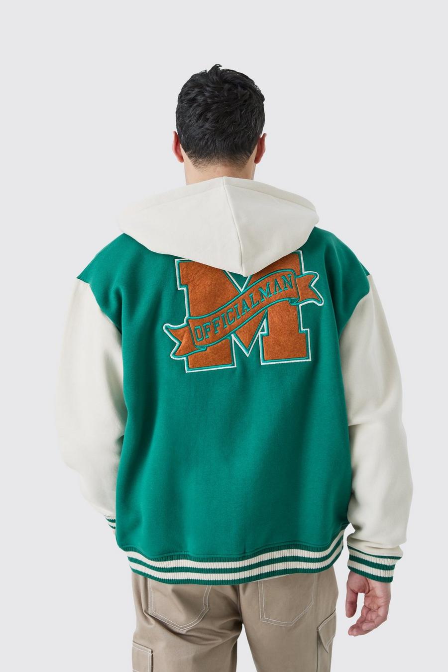 Green Oversized Varsity Applique Jersey Hooded Jacket image number 1