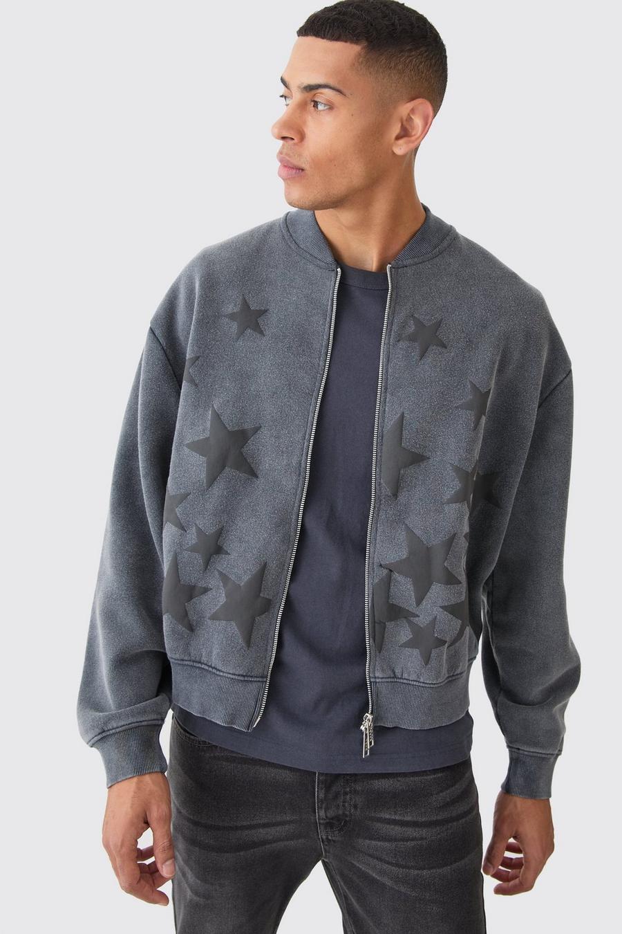 Charcoal Oversized Boxy Acid Wash Star Applique Jersey Bomber Jacket image number 1