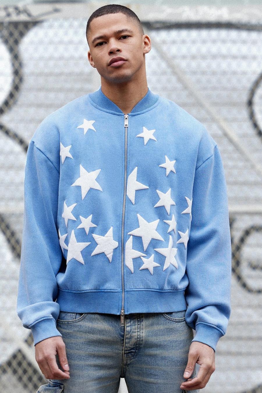 Blue Oversized Boxy Acid Wash Star Applique Jersey sweater Jacket
