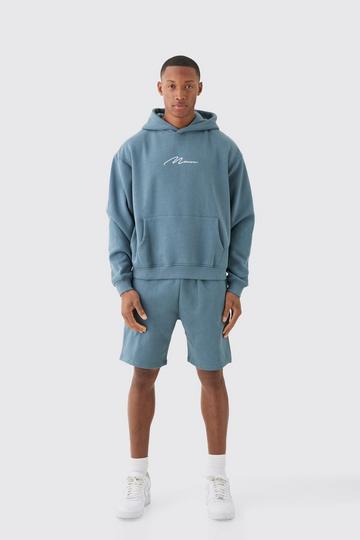 Man Signature Oversized Boxy Loose Short Tracksuit slate blue