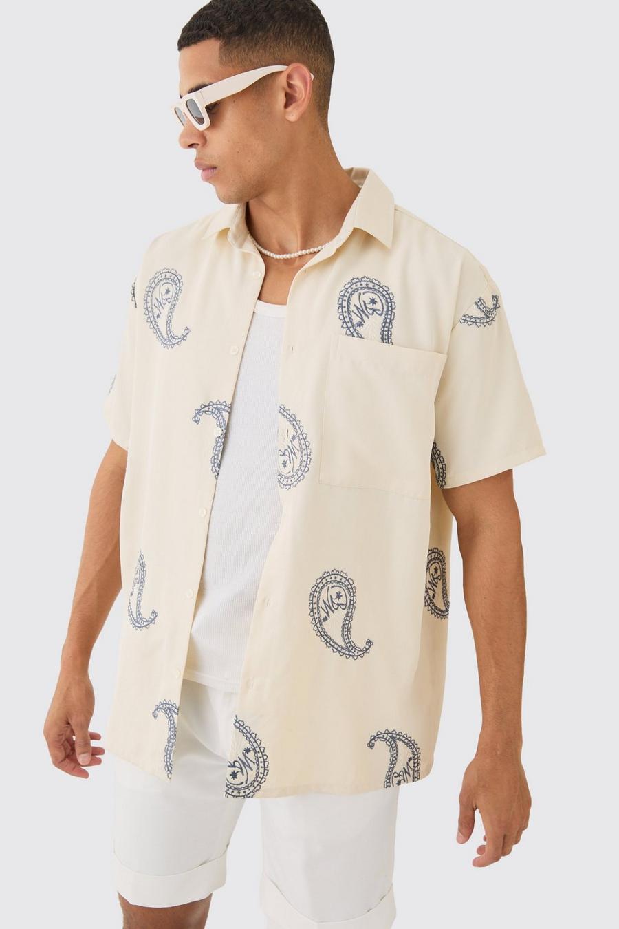 Ecru Oversized Soft Twill Paisley Embroidered Shirt image number 1
