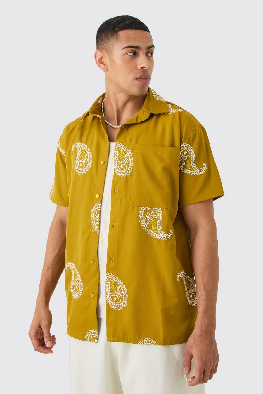 Mustard Oversized Zacht Geborduurd Keperstof Paisley Overhemd