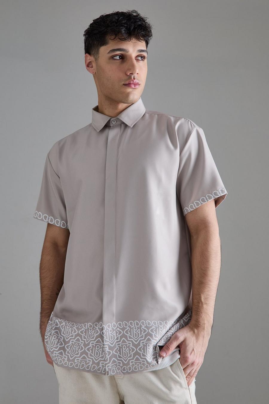 Grey Oversized Soft Twill Printed Hem Shirt relief image number 1