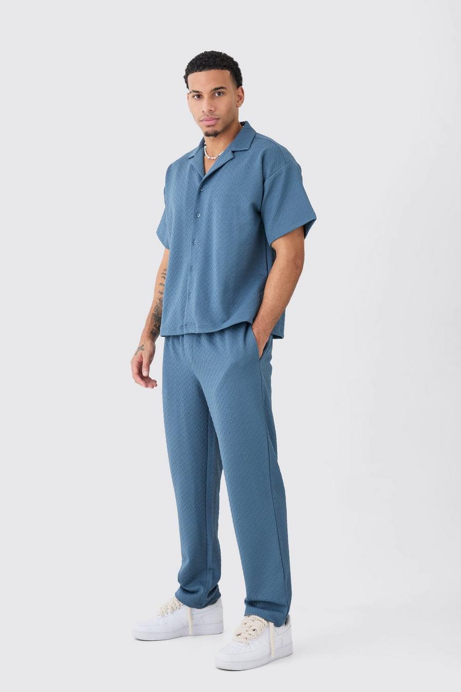 Blue Short Sleeve Boxy Line Stretch Shirt & Trouser