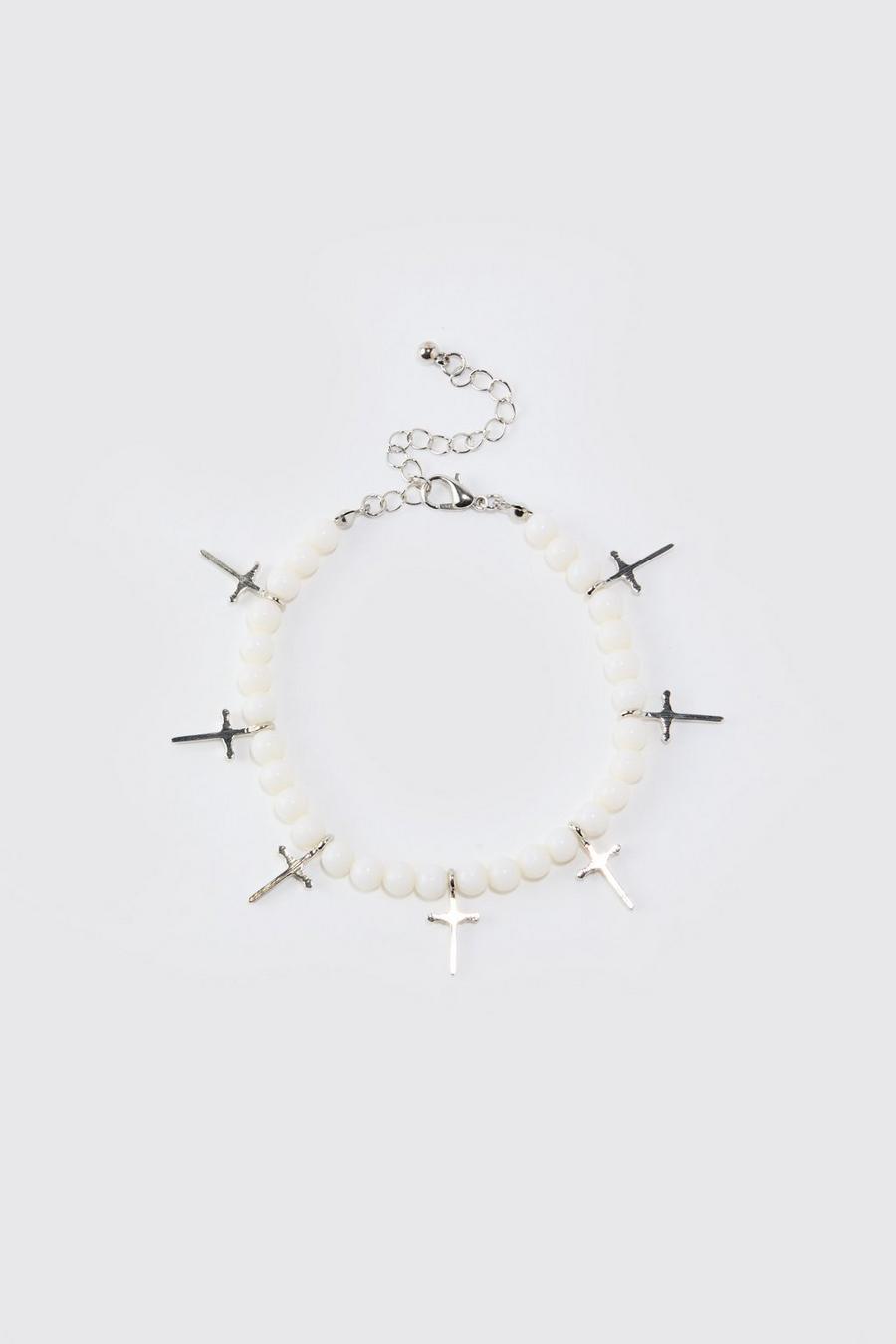 Weißes Perlen-Armband mit Kreuz-Anhänger, White image number 1