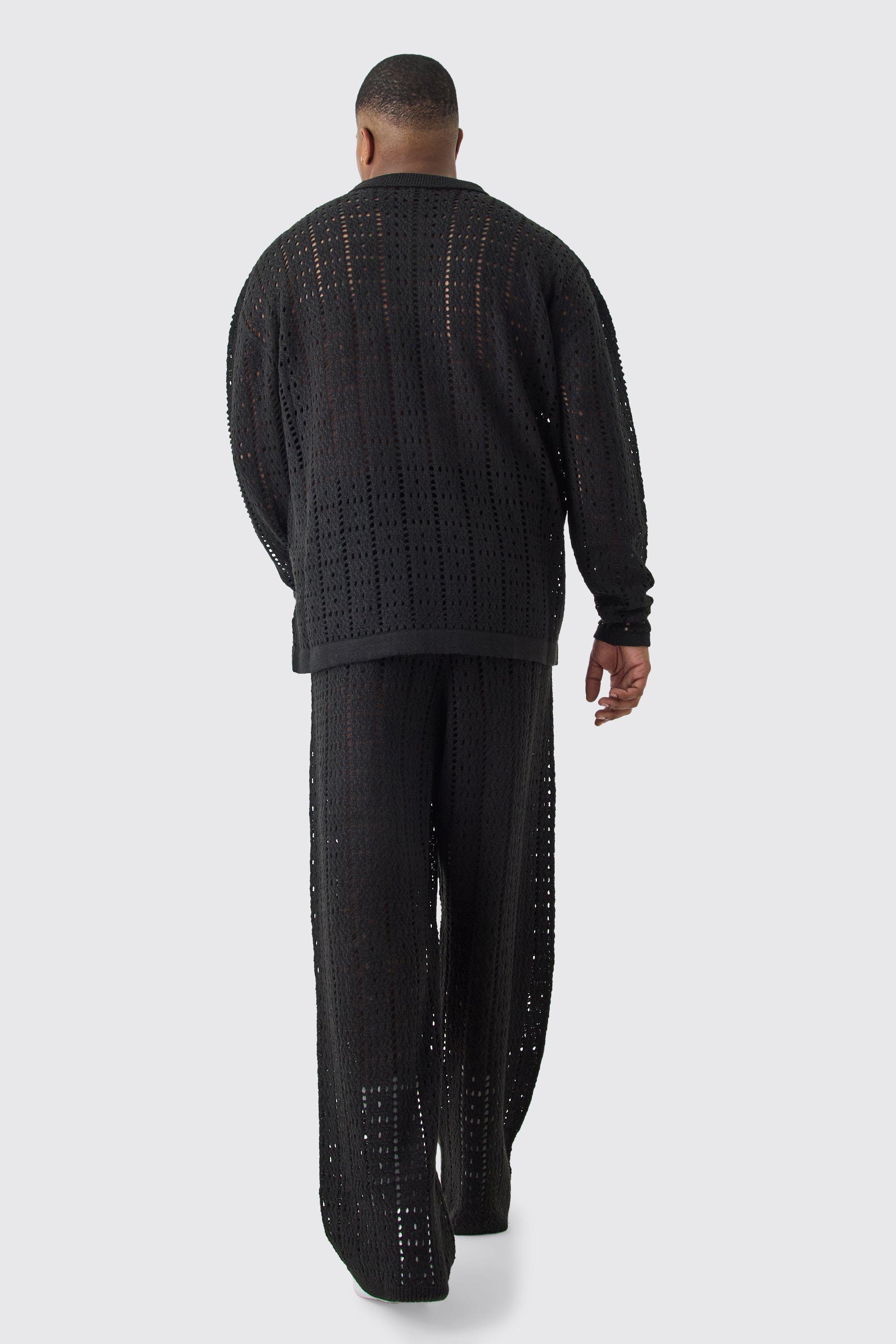 Plus Oversized Long Sleeve Crochet Knit Shirt In Black | boohoo