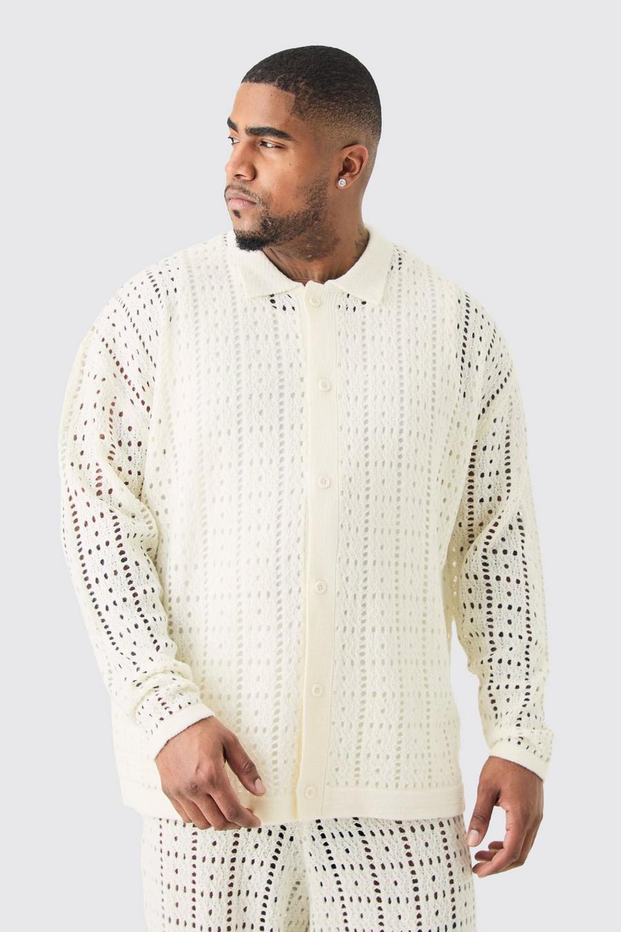 Plus Oversized Long Sleeve Crochet Knit Shirt In White