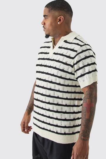 Plus Short Sleeve Regular Crochet Knit Stripe Polo In Ecru ecru