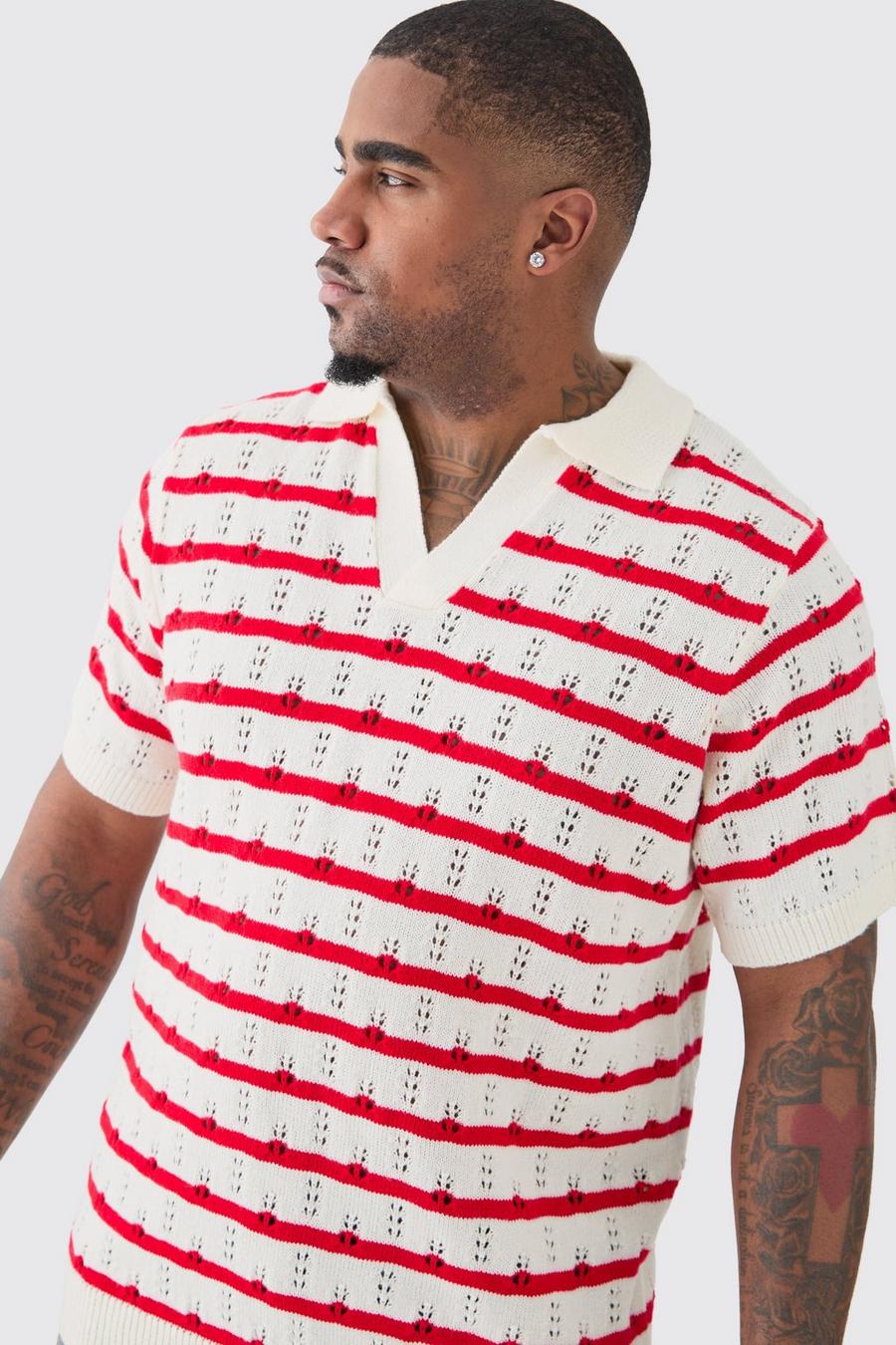 Plus Short Sleeve Regular Crochet Knit Stripe Polo In Red image number 1