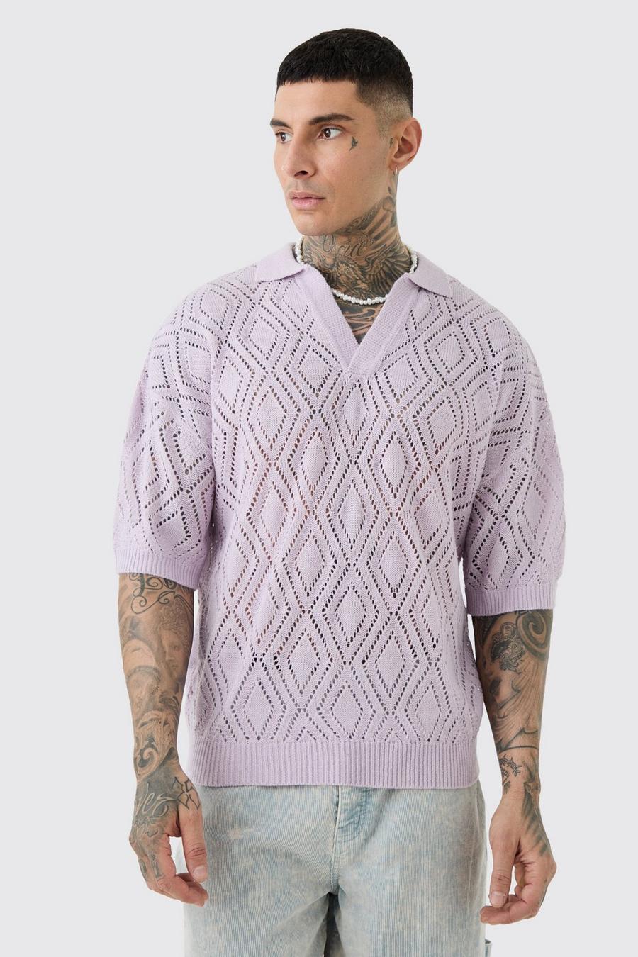 Tall Short Sleeve Boxy Fit Revere Open Knit Polo In Ecru, Lilac