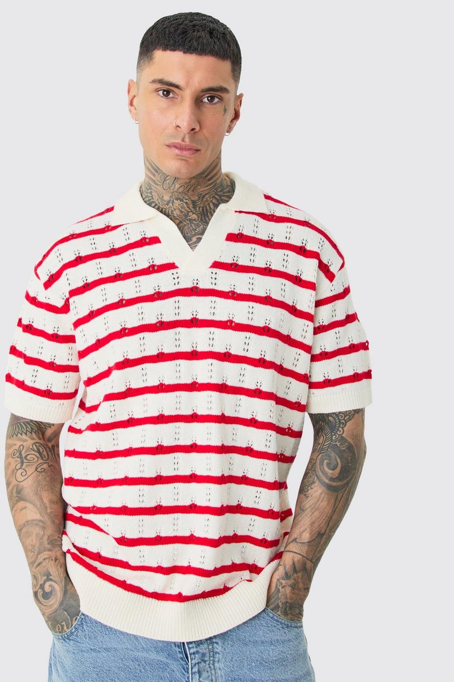 Tall kurzärmliges gehäkeltes Oversize Poloshirt mit Streifen, Red image number 1