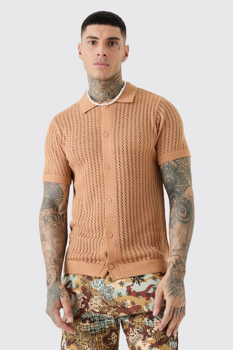 Tall Open Stitch Short Sleeve Knitted Shirt In Taupe image number 1