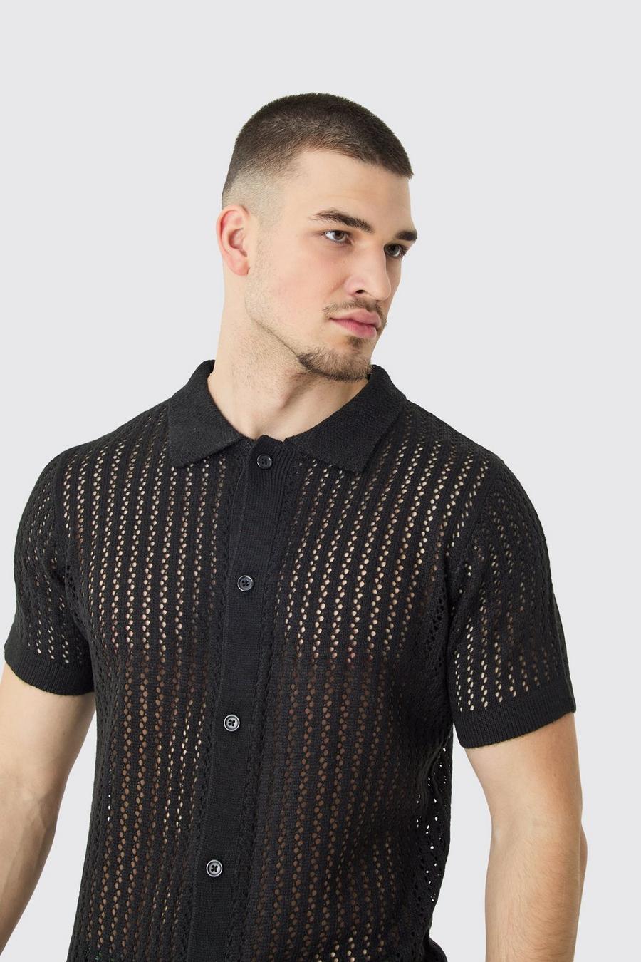 Tall Open Stitch Short Sleeve Knitted Shirt In Black image number 1