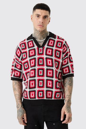 Red Tall Short Sleeve Boxy Fit Crochet Knit Polo In Red