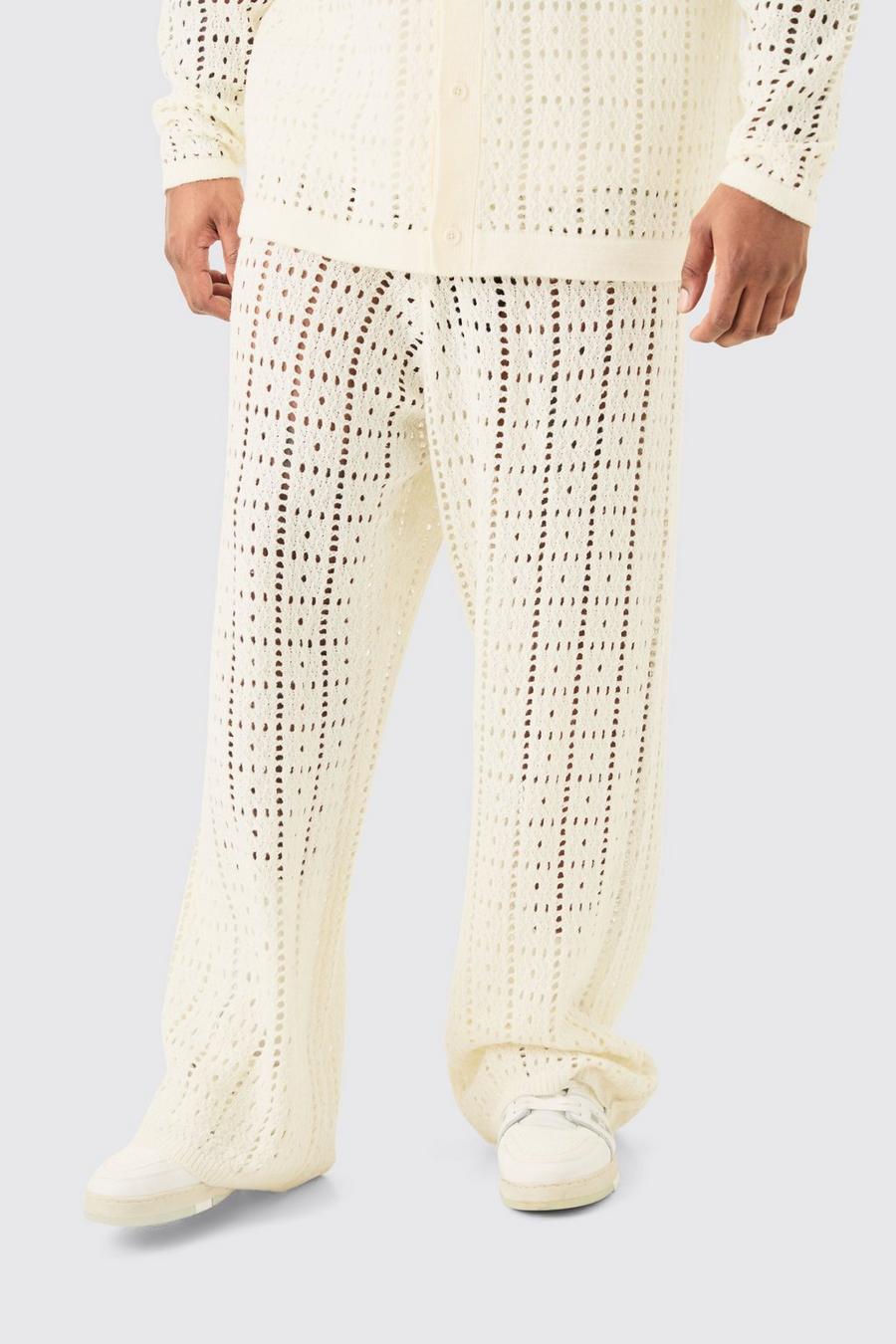 Plus Relaxed Fit Crochet Knit Trousers In White image number 1