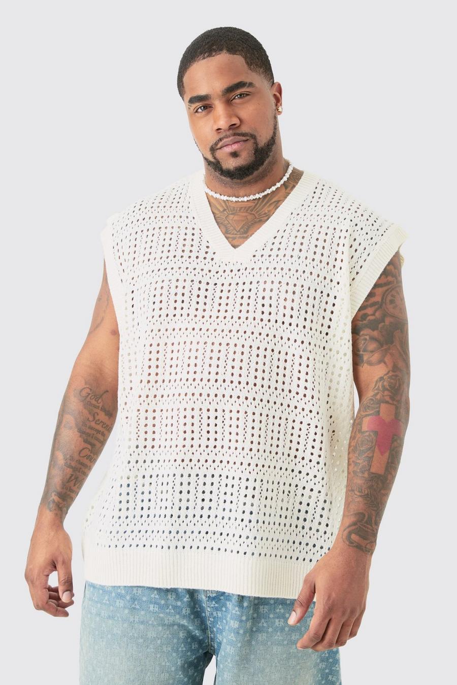 Plus Oversized Crochet Knit Insulated Sweater Vest In Ecru image number 1