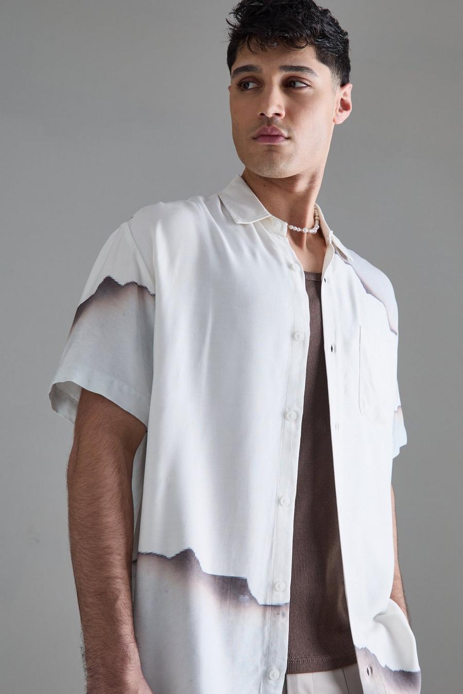 White Short Sleeve Oversized Viscose Blur Burnt Paper Shirt Away image number 1