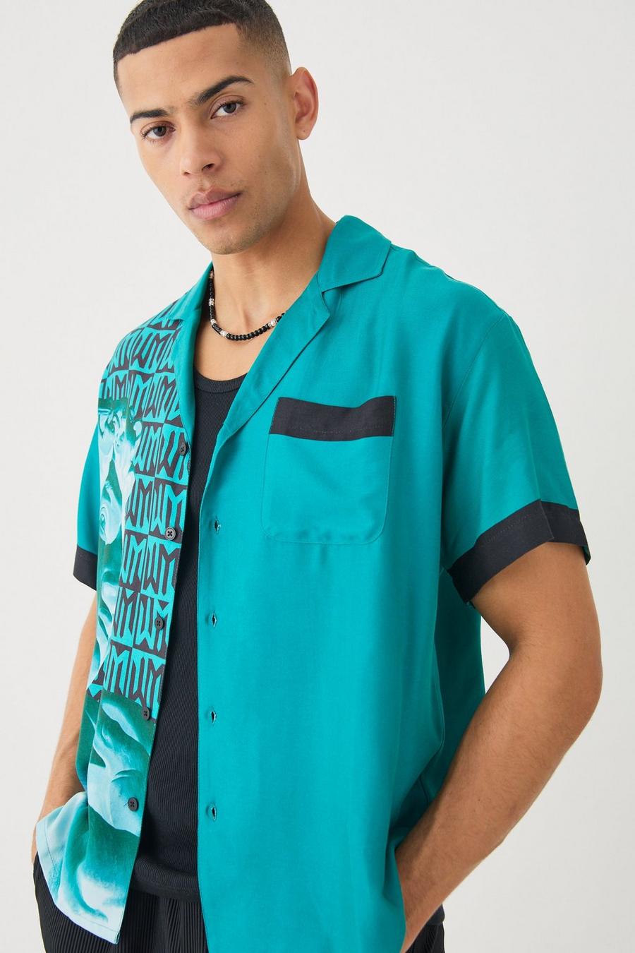 Camicia squadrata a maniche corte in viscosa effetto patchwork con statua, Green image number 1