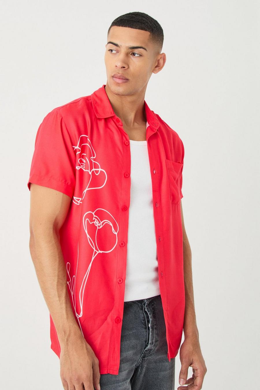 Kurzärmliges Viskose-Hemd mit Blumen-Print, Red