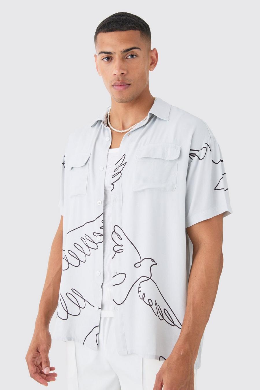 Ecru Short Sleeve Polairesized Viscose Line Bird Shirt image number 1