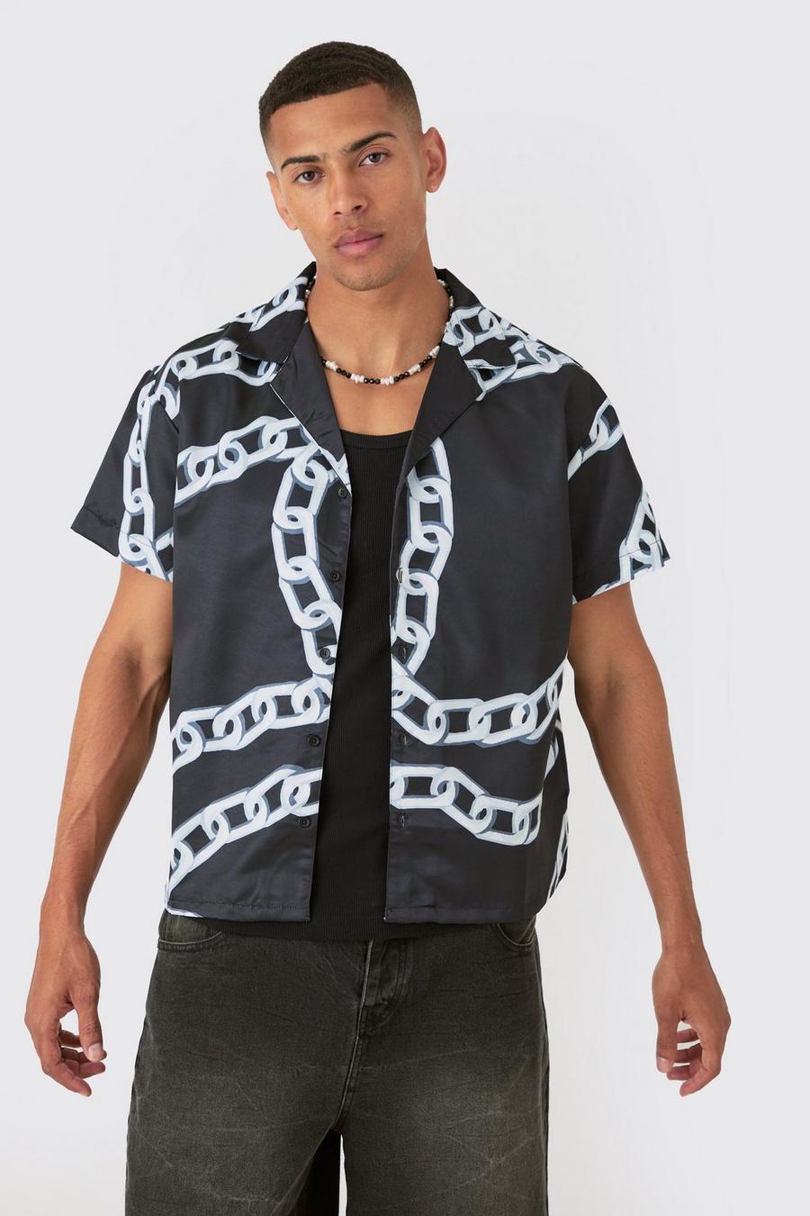 Black Boxy Chain Satin Shirt image number 1