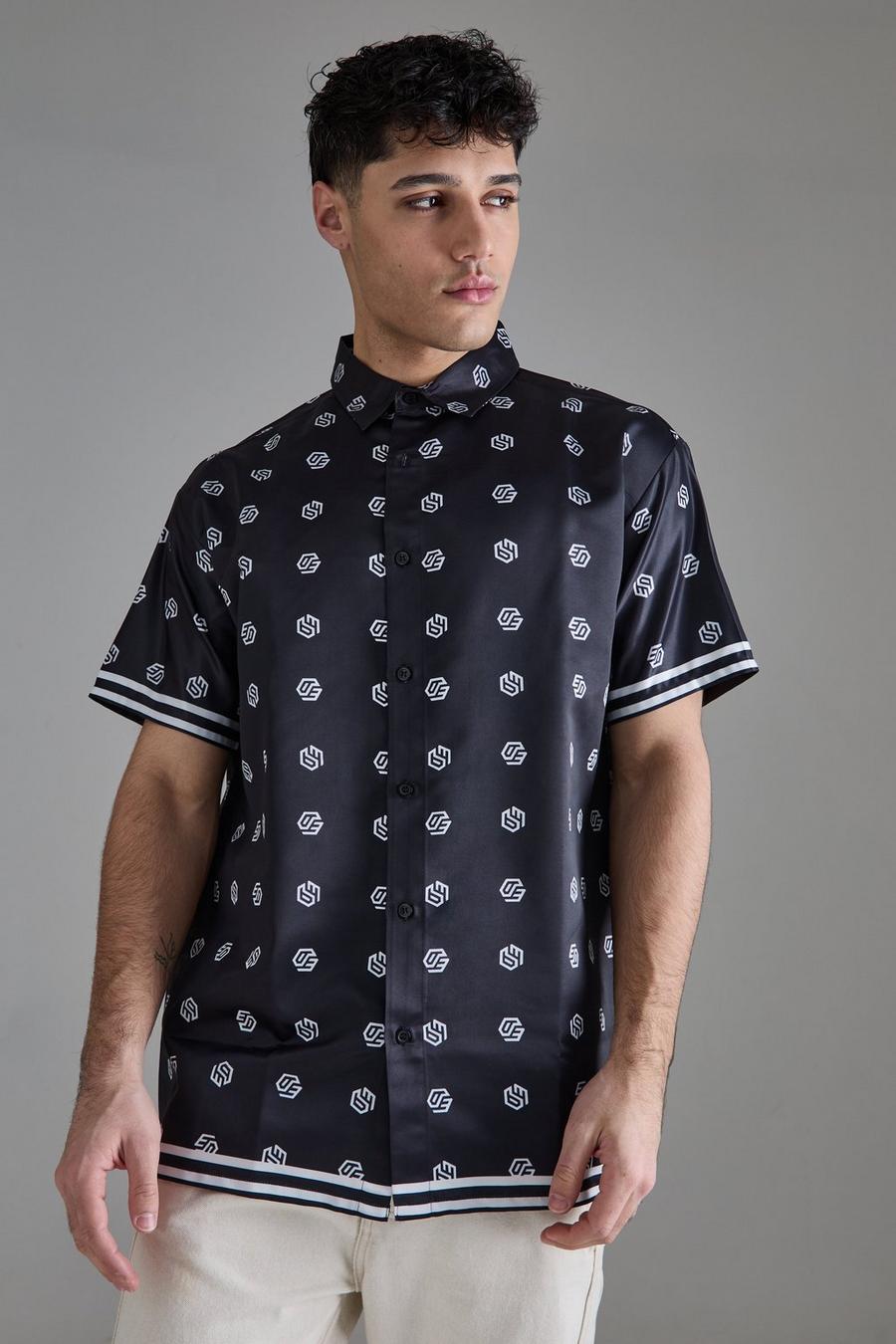 Black Oversized Short Sleeve Detailed Satin Shirt image number 1