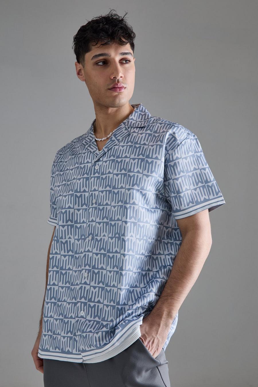 Grey Oversized Short Sleeve Monogram Satin Shirt image number 1